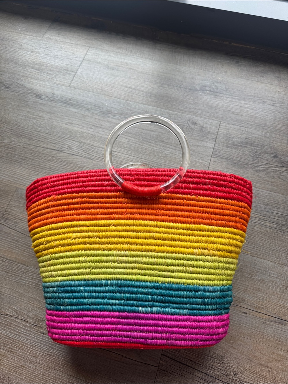Colorful Rainbow Straw Tote Bag with Clear Handles